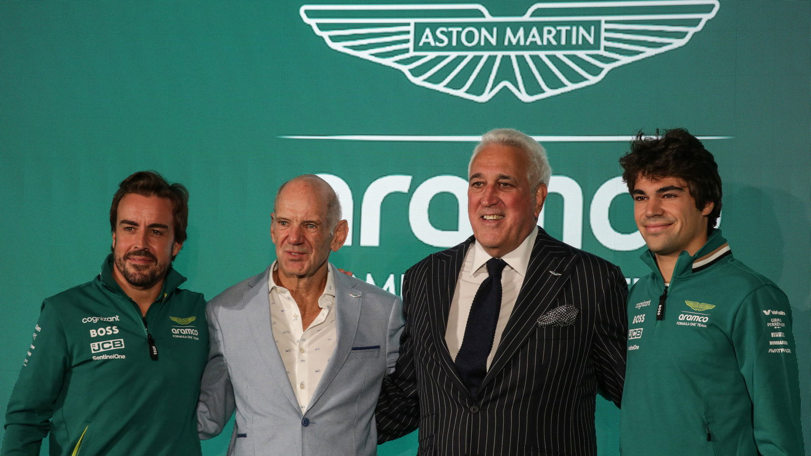 Fernando Alonso, Adrian Newey, Lawrence Stroll and Lance Stroll